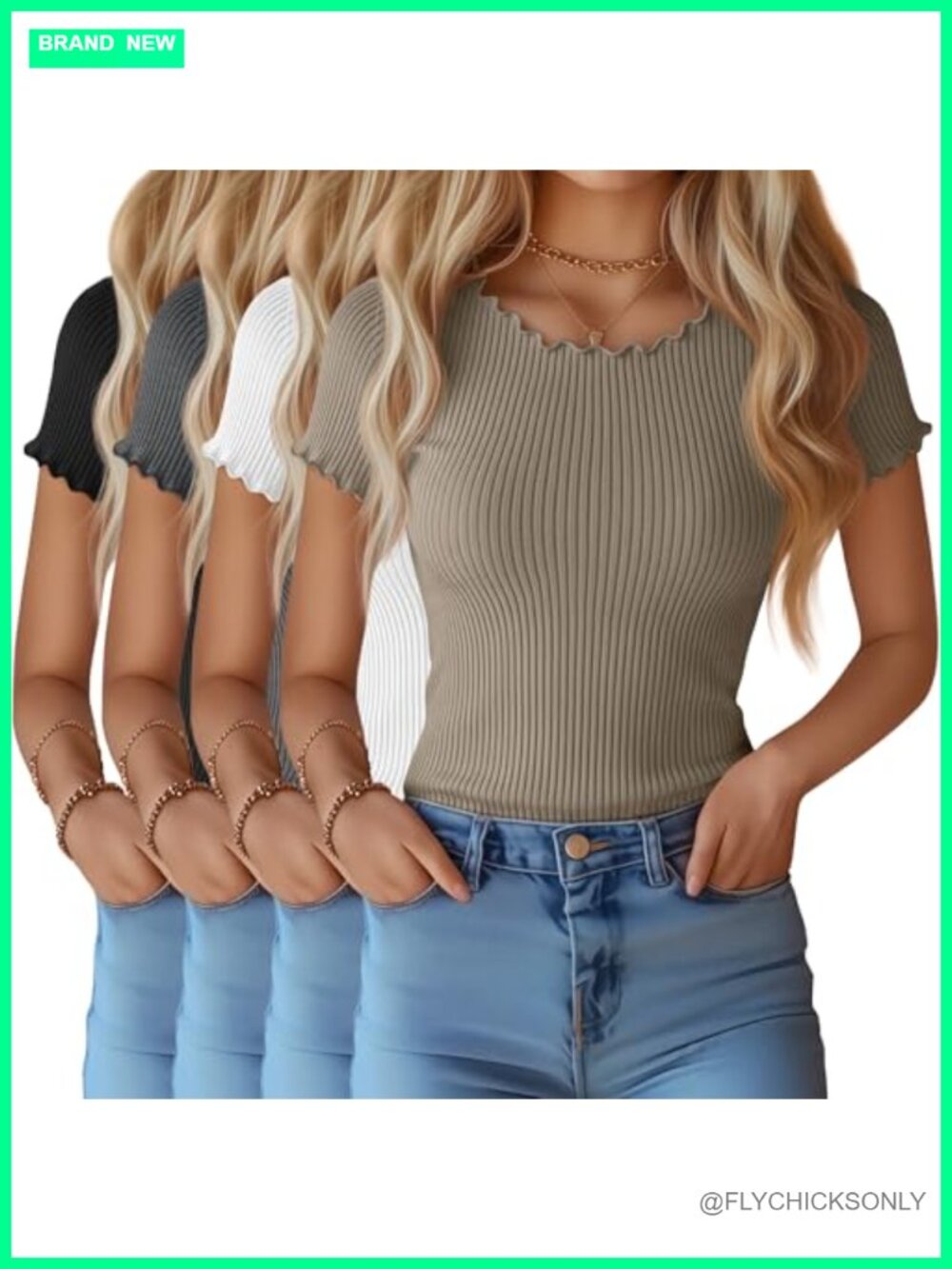 4 Pack Women's Lettuce Trim Cotton T-Shirts Slim Fit Crew Neck